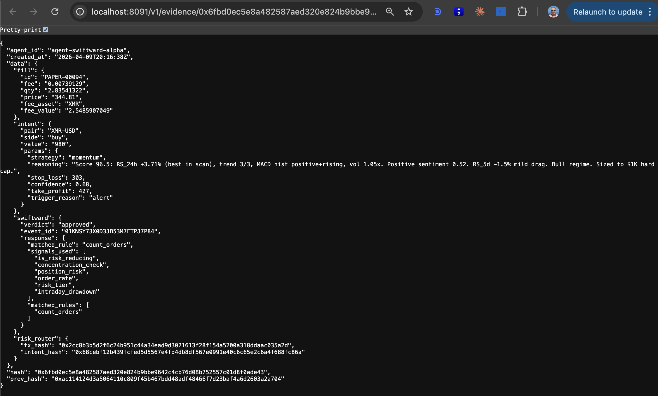 Evidence detail - full JSON proof with on-chain hash